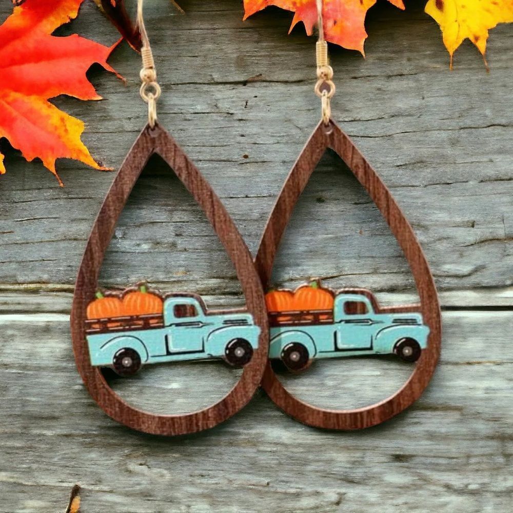Wooden Vintage Truck with Pumpkins Rustic Teardrop Dangle Earrings